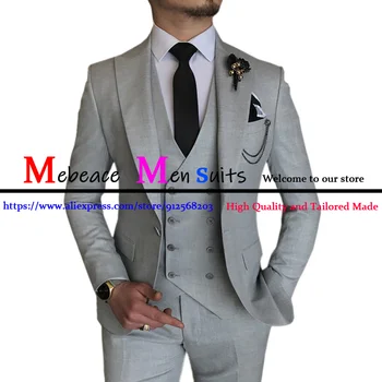 Светло сиви мъже костюми Еднореден бизнес среща парти сватба младоженец 3 броя (яке + жилетка + панталони) по поръчка мъжки костюми