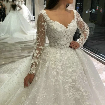 Секси дами V врата плюс размер Vestido De Noiva 2023 сватбена рокля по поръчка луксозна булчинска колекция апликация дантела дълъг ръкав