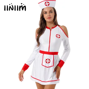 Секси медицинска сестра лекар костюм за жени студено рамо дълъг ръкав екипажа врата цип рокля с шапка ролева игра Хелоуин екипировки