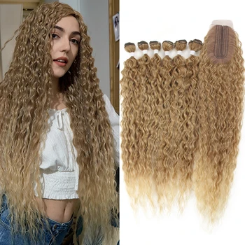 Синтетични къдрава коса разширения Ombre блондинка афро извратени къдрава коса пакети със затваряне 30 инча дълга вълна коса тъкат