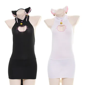 Сладка котка косплей костюм Neko Halter рокля без гръб бански сладък Лолита аниме куха рокля на гърдите с опашка бельо комплект