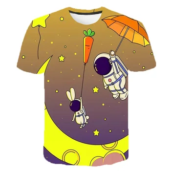 Сладък анимационен космически астронавт печат детски къс ръкав мода случайни О-образно деколте момчета тениска 2-14 годишни детски дрехи отгоре
