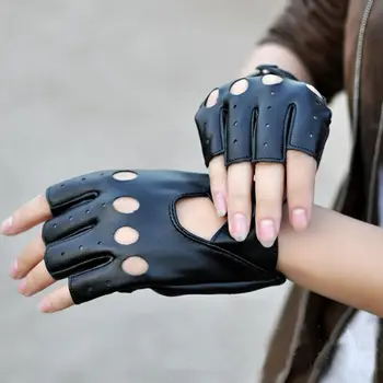 Сладък горещи жени черен половин пръст шофиране PU кожени ръкавици