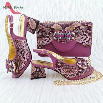 сладък стил италиански дизайн жени съвпадение обувки и чанта комплект в магента цвят високо качество нови пристигащи помпи за градинско парти