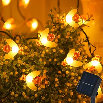 Слънчева енергия гирлянди слънчева светлина на открито 5m 7m 12m мед пчела слънчева лампа LED низ фея светлини градина Коледа декор за дома