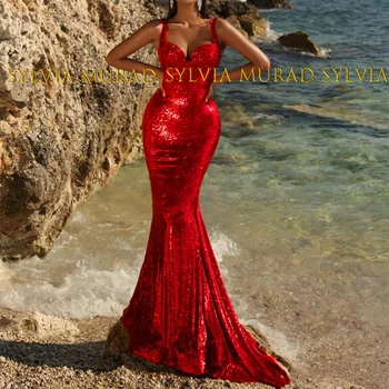 Спагети презрамки тромпет вечерна рокля червени пайети дълга русалка без ръкави абитуриентски рокли парти за жени