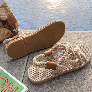 Традиционни ежедневни сандали Жена обувки творчество плетено въже с плажни обувки лятна мода женски сандали плоски отворени пръсти обувки