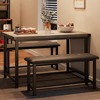 Трапезна маса за 4, кухненска маса с пейки, за малко пространство, апартамент, рустикално сиво