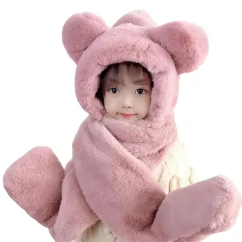 Три в едно зимна топла шапка с шал ръкавици мечка ухото плюшена шапка шал бебе малко дете зимни аксесоари