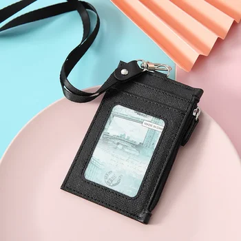Унисекс плътен цвят PU кожа бизнес ID притежател на кредитна карта значка покритие монета пари портфейл торбичка карта чанта с презрамки за врата