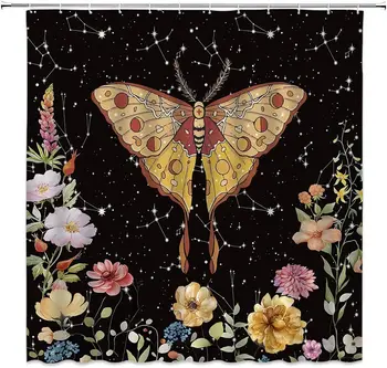 Флорални пеперуди фаза молец душ завеса небесен тялото цветя растение гъби съзвездие баня декор плат с куки