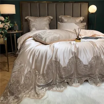 Френски копринен памучен дантелен спален комплект с четири части, европейска дълга щапелна памучна завивка, леко луксозно спално бельо 1.8m