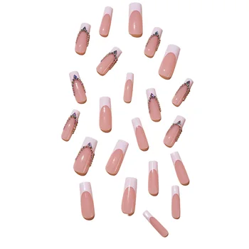 френски стил бял ръб дълъг квадрат фалшиви нокти кристали настройка пълно покритие квадратни изкуствени нокти съвети за ежедневни и партита