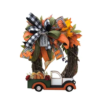 Хелоуин венец дървени тиква камион ръчна изработка, 30X30X4cm есенна реколта реколта фермерска къща благодарността декорации