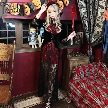 Хелоуин костюм рокли дантела възрастен женски вампир парти дълга рокля призрак булка зомби вещица бар костюм за жени черен червен