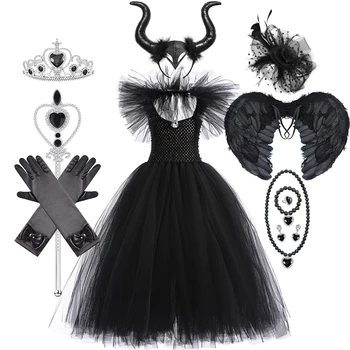 Хелоуин плетена вещица Туту момиче зло роля играе черен тюл рокли карнавал рожден ден принцеса тема косплей екипировки