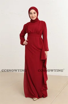 червен дълъг ръкав мюсюлмански вечерни рокли шифон хиджаб официално парти абитуриентски бал рокля високо деколте линия арабски ислямски одежди De Soirée