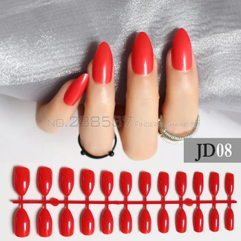 Червен Пълен нокти съвети удобни изкуствени нокти секси заострени шило 24бр планински връх дизайни чист цвят фалшиви нокти JD08