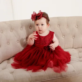 Червена дантелена рокля за кръщене за момичета без ръкави детска рокля рокля малко дете бебе новородено първи рожден ден парти рокли 0 до 3 12 24