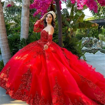Червена принцеса Quinceanera рокли топка рокля сладък тюл апликации сладки 16 рокли 15 Años мексикански