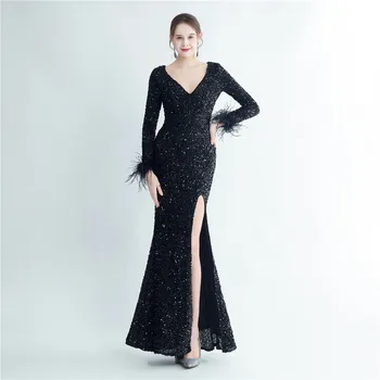 Черен дълъг ръкав русалка вечерна рокля с пера V врата страна сплит лъскави пайети Официален повод рокли за жени в наличност