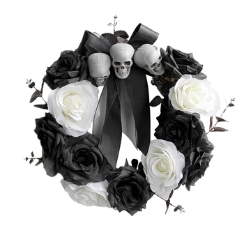Череп врата висящи венец черен декор Хелоуин венец флорални венци за входната врата Хелоуин череп роза венец