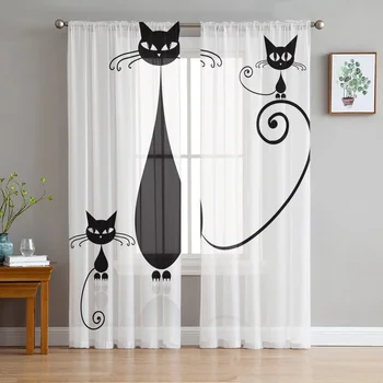Черна котка животно бял шифон отвесни завеси за хол спалня декорация на дома прозорец Voiles тюл завеси завеса