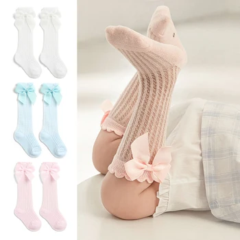 0-3Y Детски дълги чорапи Дишаща мрежа Ruffle памук чорап лък коляното високо рибарска мрежа чорапи деца малко дете Bowknot в тръба чорап подарък