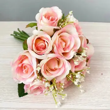 12 Букет от изкуствени рози Брак на булката Ръчно изработен копринен плат Роза Корейски Мори Безсмъртен сватбен букет Декорация на дома