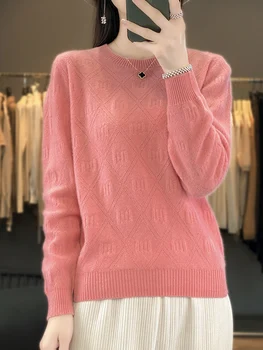 2023 Есен и зима Нов кръг врата 100% чиста вълна пуловер покритие хлабав плътен цвят трикотажни кашмир дъното пуловер жена