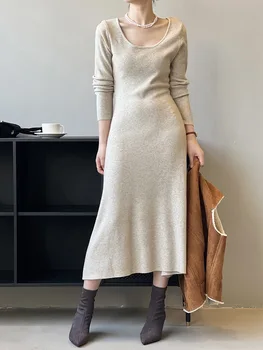2023 Есен нова дамска рокля дълга рокля плътен цвят U-образно деколте пуловер пуловер висока талия P1299