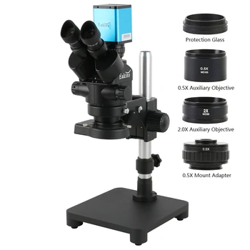 3.5X-90X Симул-фокален стерео микроскоп Тринокулярен микроскоп + Стойка за едно рамо + 4K 1080P HDMI VGA USB камера за видео микроскоп
