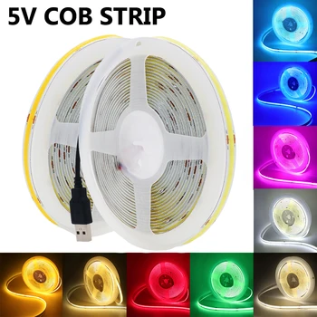 5V USB COB LED лентови светлини 320LED / m Висока ярка линейна гъвкава COB светло червена зелена синя жълта 3000-6500K за лампа за декор на стая