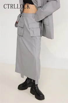 CTRLLOCK Асиметричен мулти джобове костюм пола жените прави глезена дължина поли сив