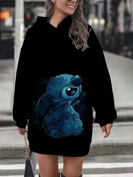 Дамски пуловер Casual печат Disney Stitch кръг врата дълъг ръкав качулка пуловер рокля проста мода дамско облекло Ново