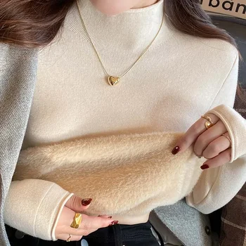 есен зима половин висока яка кадифе топъл пуловер мода жени корейски стил дълъг ръкав трикотажни пуловери удебелен връх 29263