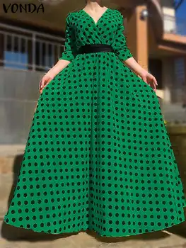 Жени VONDA мода бохемска рокля жени 3/4 ръкав разрошени Maxi Sundress 2024 V-образно деколте полка точка парти халат случайни колан роба