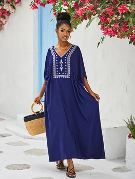 Извънгабаритни Кафтан рокля за жени Синя бродерия лято Макси рокля Batwing ръкав бански покриване хлабав вискоза роба туники