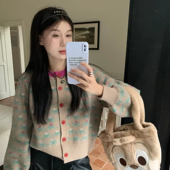 Корейски сладка жилетка жени жакард дизайн реколта еднореден плетена жилетка сладко момиче стил универсален върховете женски