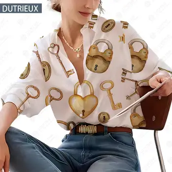Пролетна и есенна риза с дълъг ръкав през целия сезон Мода 3D отпечатани дълги ръкави голям размер женски ризи завой надолу яка
