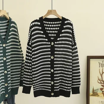  шик шарени v-образно деколте жилетка пуловер плюс размер дамско облекло есен зима хлабав капка ръкав трикотажни връхни дрехи пуловери F42 2156